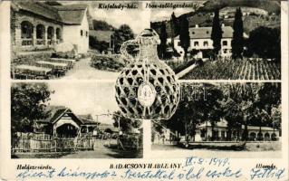 1949 Badacsony, Hableány, Kisfaludy-ház, Halászcsárda, Vasútállomás, Ibos szőlőgazdaság. demizsonos reklámlap (EB)