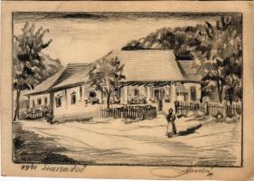 1941 Szarvaskő, ház, utcakép, saját kezűleg rajzolt képeslap + "Szarvaskő postai ügyn." (vágott / cut)