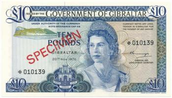 Gibraltár 1975. 10P "010139", piros "SPECIMEN (Minta)" bélyegzéssel T:UNC,AU
Gi...