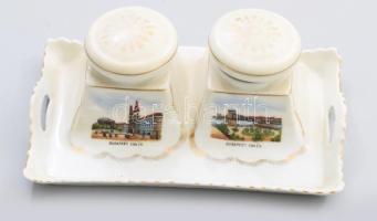 Victoria China Budapesti emlék kalamáris, tégelyekkel, jelzett, 18x11 cm