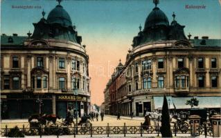 1912 Kolozsvár, Cluj; Szentegyház utca, Státus paloták, Triesti Általános Biztosító, The Gresham Életbiztosító társaság, Haraszthy Jenő és Frank Kiss János és fiai üzlete / street view with insurance companies and shops (EK)