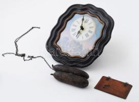 Régi német falióra, falusi tájkép ábrázolással, súlyaival, kis sérüléssel, 27x25 cm