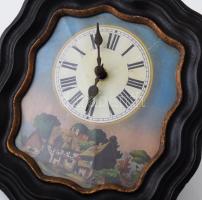 Régi német falióra, falusi tájkép ábrázolással, súlyaival, kis sérüléssel, 27x25 cm