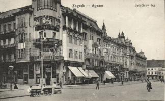Zagreb Jelacic square with ice cream vendors, the dentist office of J. Fuchs and the shops of Stanisic and Poppovic