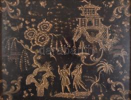 cca 19. sz. közepe-második fele, kínai vagy japán lakkozott fa kép pagodával, emberalakokkal és növényi ornamentikával, kopással, keretben, 19x24 cm