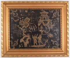 cca 19. sz. közepe-második fele, kínai vagy japán lakkozott fa kép pagodával, emberalakokkal és növé...