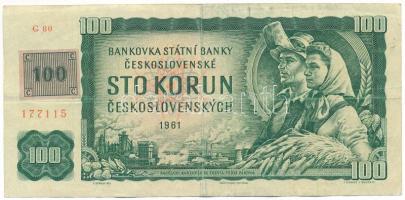 Csehország 1993. (1961) 100K cseh bélyeggel, "G"-sorozat (1990-es kiadású bankjegy) T:F Czechia 1993. (1961) 100 Korun with Czech stamp, prefix "G" (banknote from 1990) C:F Krause P#1