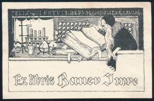 Révész Kornél (1885-1944): Ex libris Bauer Imre, 1918 körül. Klisényomat, papír, jelzett a nyomaton,...