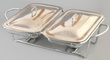 Kéthelyes melegítős ételszervírozó, fém fedőkkel és szerelékkel, újszerű, 50x30 cm