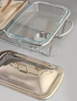 Kéthelyes melegítős ételszervírozó, fém fedőkkel és szerelékkel, újszerű, 50x30 cm