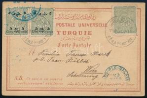 Törökország 1899 Litho Konstantinápoly képeslap Bécsbe küldve, 3 db török bélyeggel, köztük felülnyomatos párral