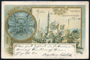 Törökország 1899 Litho Konstantinápoly képeslap Bécsbe küldve, 3 db török bélyeggel, köztük felülnyo...