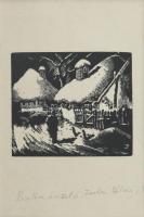 Balla László (1906-): Falu télen (Erdély). Fametszet, papír. Jelzett. Üvegezett fakeretben. 8x10 cm.