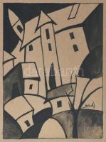 Schadl J jelzéssel: Városrészlet. Tus, papír. Üvegezett fakeretben. 19,5x14,5 cm.