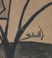 Schadl J jelzéssel: Városrészlet. Tus, papír. Üvegezett fakeretben. 19,5x14,5 cm