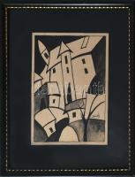 Schadl J jelzéssel: Városrészlet. Tus, papír. Üvegezett fakeretben. 19,5x14,5 cm