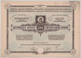 1940. Budapest "Kőbányai Polgári Serfőző és Szent István Tápszerművek Részvénytársaság" részvénye 200P-ről, "01184", magyar és német nyelven, szárazpecséttel T:AU Hungary / Budapest 1940. "Kőbányai Polgári Serfőző és Szent István Tápszerművek Részvénytársaság" share about 200 Pengő, "01184", Hungarian-German bilingual, with embossed stamp C:AU