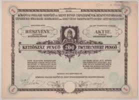 1940. Budapest "Kőbányai Polgári Serfőző és Szent István Tápszerművek Részvénytársaság" részvénye 200P-ről, "01185", magyar és német nyelven, szárazpecséttel T:AU Hungary / Budapest 1940. "Kőbányai Polgári Serfőző és Szent István Tápszerművek Részvénytársaság" share about 200 Pengő, "01185", Hungarian-German bilingual, with embossed stamp C:AU
