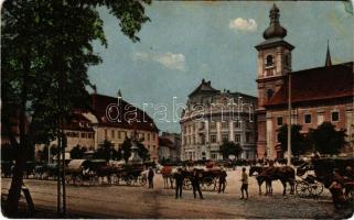 1913 Nagyszeben, Hermannstadt, Sibiu; Grosser Ring / Nagy piac, lovas hintók, tér / market square, carriages (r)