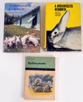 Vegyes nyúltenyésztéssel kapcsolatos kötet, 3 db:  Anghi Csaba: Nyúltenyésztés. A prém-, hús-, angóra- és laboratóriumi kisérleti nyúl tenyésztése, egészségvédelme, értékesítése. Mezőgazdasági Kiskönyvtár. Bp., 1963, Mezőgazdasági Kiadó. Harmadik, átdolgozott és bővített kiadás. Fekete-fehér képanyaggal illusztrált. Kiadói papírkötés, kopott borítóval, sérült gerinccel.;  Holdas Sándor - Csikváry László - Szikora András: A nyúltenyésztés kézkönyve. Bp., 1975, Mezőgazdasági Kiadó. 1. kiadás. Fekete-fehér képanyaggal illusztrált. Kiadói egészvászon-kötés, sérült kiadói papír védőborítóban.;  Nyúltenyésztők kézikönyve. Szerk.: dr. Holdas Sándor. Bp., 1985, Mezőgazdasági Kiadó. 1. kiadás. Gazdag színes és fekete-fehér képanyaggal illusztrált. Kiadói egészvászon-kötés, sérült kiadói papír védőborítóban.;