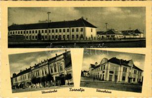 Tornalja, Safárikovo, Tornala; Laktanya, utca, üzletek, Városháza. Kiadja Poraczky László / military barracks, street view, shops, town hall (ázott sarok / wet corner)