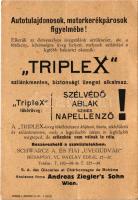 Triplex biztonsági szemüveg autósoknak, motorkerékpárosoknak, sportolóknak, reklámlap. Gondos Géza, Budapest III. Lajos u. 70. Bichler I. kiadása / Hungarian security glasses advertisement (fa)