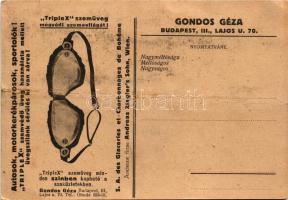 Triplex biztonsági szemüveg autósoknak, motorkerékpárosoknak, sportolóknak, reklámlap. Gondos Géza, ...
