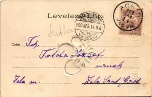 1900 Húsvéti üdvözlet, dombornyomott textil tojásokkal / Easter greeting art postcard, with Emb. tex...