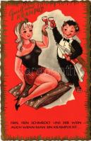 1963 Gruss vom Krampus! Fein, fein schmeckt uns der wein... / Üdvözlet a Krampusztól! / Krampus art postcard (EK)