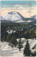 1918 Tátraszéplak, Tatranska Polianka, Westerheim (Tátra, Magas-Tátra, Vysoké Tatry); A Ferenc József csúcs Tátraszéplakról tekintve. Cattarino S. utóda Földes Samu kiadása. Dr. Guhr felvétele / Franz Josef-Spitze von Tátraszéplak aus gesehen / mountain peak in winter (ázott / wet damage)