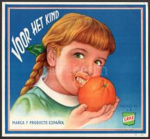 cca 1950-1960 Voor het kind, Marca y producto espanol, Sanz spanyol narancsot reklámozó holland vagy belga reklámcímke/plakát, Talleres Seriols Sichet Herrero, Villarael, 25x27,5 cm