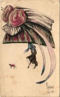 1909 Lady with big hat and dog art postcard. B.K.W.I. 687-6. (Rb)
