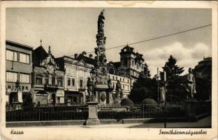 1940 Kassa, Kosice; Szentháromság szobor, üzletek / Holy Trinity statue, shops (fl)