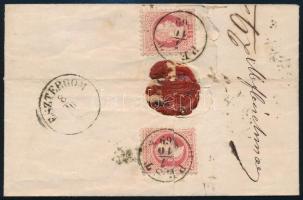 1869 5kr + hátoldalon 2 x 5kr (az egyik felbontáskor félbe tépve) ajánlott levélen "PEST" ...