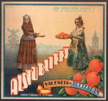 cca 1950-1960 Jan van den Brink's Im- &amp; Exporthandel, N. V., Valencia-Rotterdam, Marca y producto espanol, spanyol narancsot reklámozó holland reklámcímke/plakát, Carot (?) jelzéssel címkén, 22x24 cm