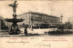 1903 Pozsony, Pressburg, Bratislava; Hotel National u. Palugyay / Nemzeti és Palugyay szálloda, szökőkút. Verlag "Bediene dich allein" / hotels, square, fountain (ázott / wet damage)