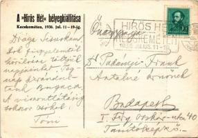 1936 Kecskemét, "Hírös Hét" Bélyegkiállítás. Hátoldalon Dr Padányi Frank Antal tanítóképző...
