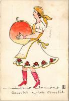 1936 Kecskemét, "Hírös Hét" Bélyegkiállítás, nő népviseletben barackkal. Dr Padányi Frank Antal tanítóképzői igazgató saját kezű rajza és levele + So. Stpl. (EK)