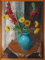 Rét Olga (-): Enteriőr festménnyel és virágokkal, 1967. Olaj, farost. Jelzett 80x60 cm. Fakeretben