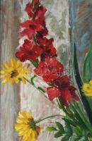 Rét Olga (-): Enteriőr festménnyel és virágokkal, 1967. Olaj, farost. Jelzett 80x60 cm. Fakeretben