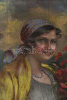 Ivanácz Zsolt József (1869-?): Lány népviseletben és virágokkal. Olaj, vászon. Jelezve balra lent. J...