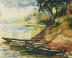Kőhegyi Gyula (1933-): Tiszai csónakok, 1987. Akvarell, papír. Jelzett. Hátoldalán Képcsarnok Vállalat címkéivel. Dekoratív, üvegezett fakeretben. 31x37,5 cm