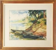 Kőhegyi Gyula (1933-): Tiszai csónakok, 1987. Akvarell, papír. Jelzett. Hátoldalán Képcsarnok Vállal...