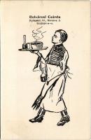 Budapest V. Belvárosi Csárda reklámlapja pincérrel. Havas utca 7. (r)