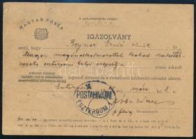 1948 Igazolvány postai küldemények átvételére, rendkívül ritka postai nyomtatvány! "POSTAHIVATAL / ESZTERGOM"