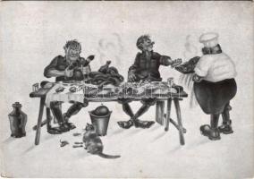 1941 Határvadász élet. Melyiket szeressem. Kerekes Lajos határvadász rajza 20. po. szd. / WWII Hungarian military art postcard (gyűrődések / creases)