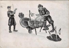 1941 Határvadász élet. Harckészültség. Kerekes Lajos határvadász rajza 20. po. szd. / WWII Hungarian military art postcard (szakadások / tears)