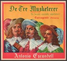 1958 De tre musketerer (A három testőr), de beste spanske appelsiner, Carcagante (Valencia), Antonio Escandell, spanyol narancsot reklámozó holland vagy belga reklámcímke/plakát, Graficas Valencia, 25x27 cm