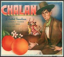 cca 1950-60 Chalan, Valencia, spanyol narancs reklámcímke/plakát, Cartonajes Suner Alcira, lapszéli egészen apró sérülésekkel, 25x27 cm