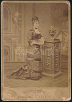 cca 1875 Hölgy egész alakos műtermi portréja, keményhátú fotó Auerbach Miksa aradi műterméből, sérült, 16,5×10,5 cm